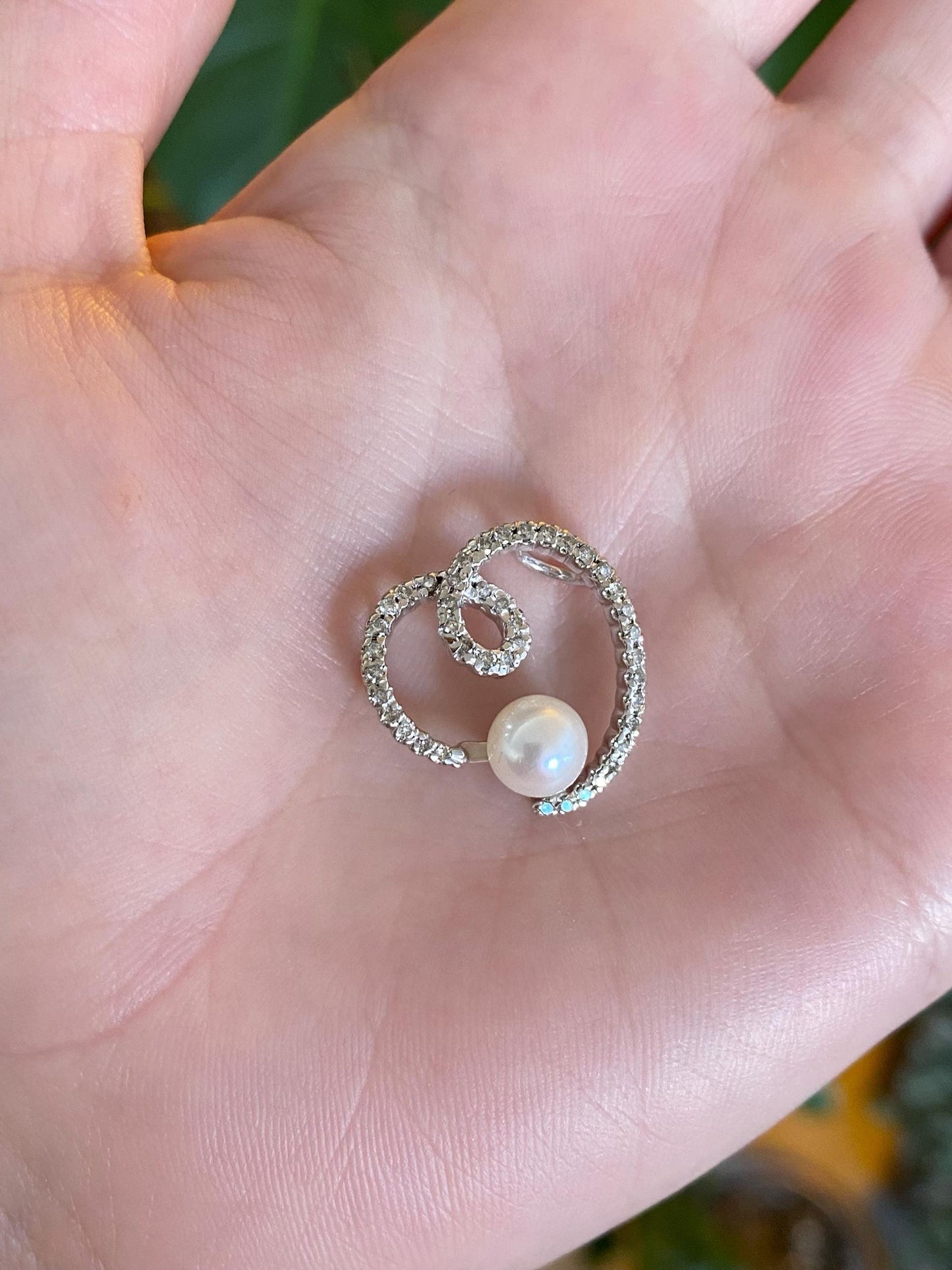 Vintage Solid 14k White Gold Diamond Pearl Heart Slide Charm