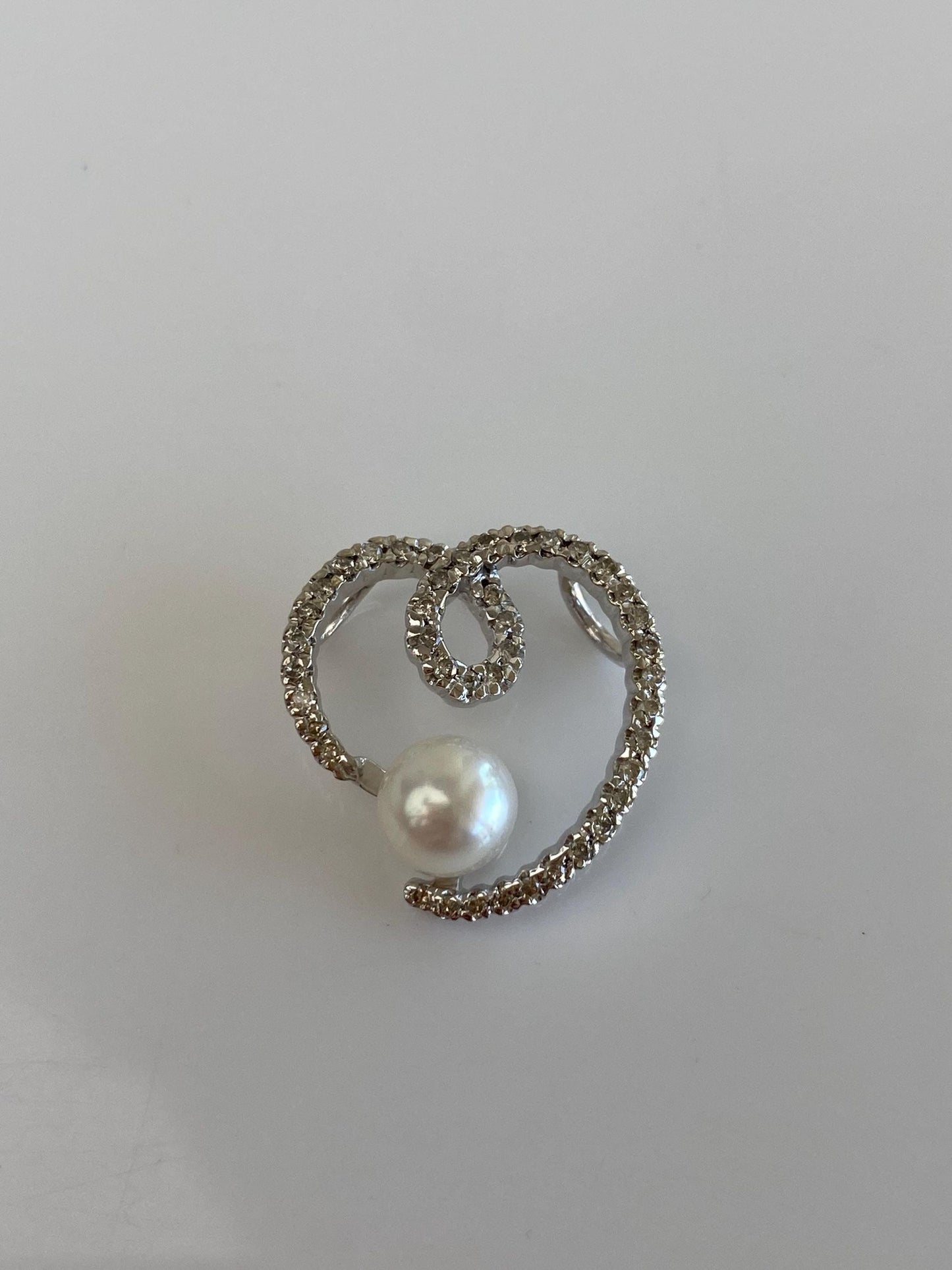 Vintage Solid 14k White Gold Diamond Pearl Heart Slide Charm