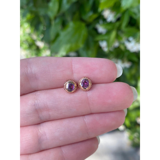 Vintage Solid 14k Yellow Gold Pink Sapphire Stud Earrings