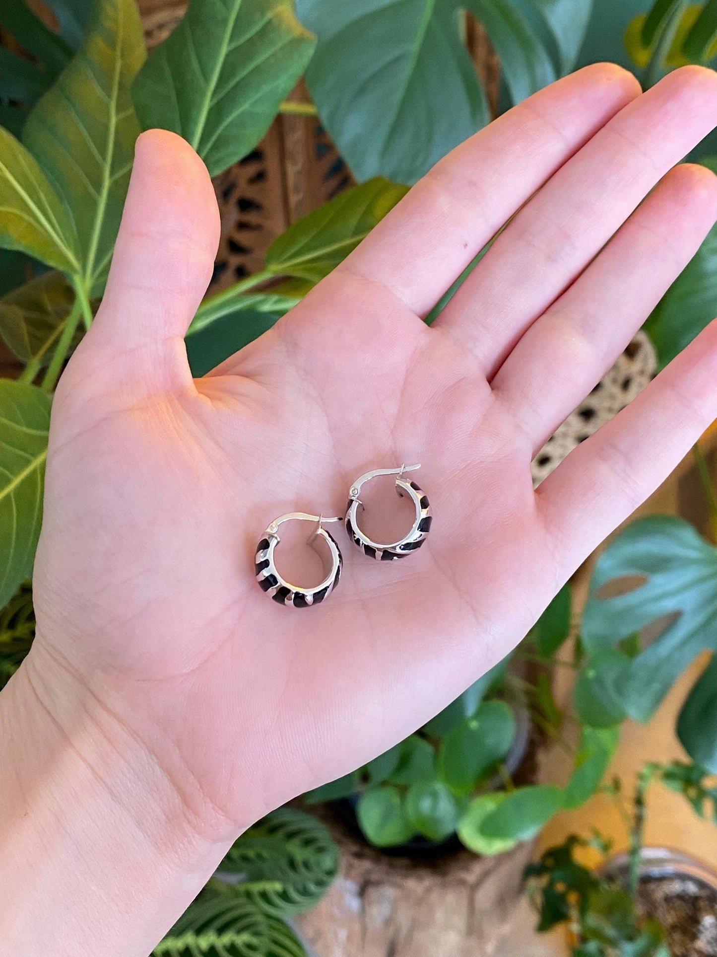 Vintage 14k White Gold Black Enamel Zebra Print Hoop Earrings