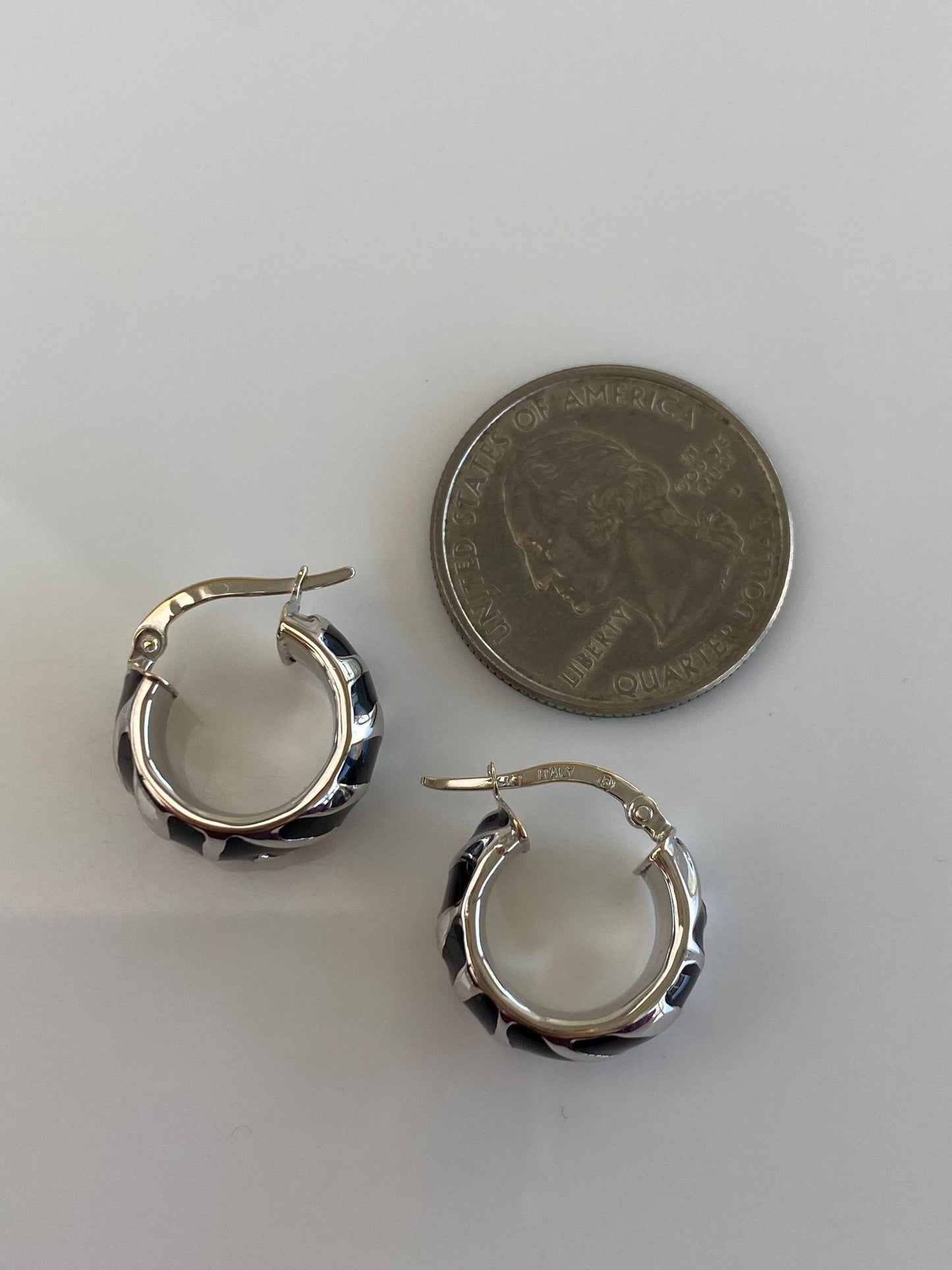 Vintage 14k White Gold Black Enamel Zebra Print Hoop Earrings