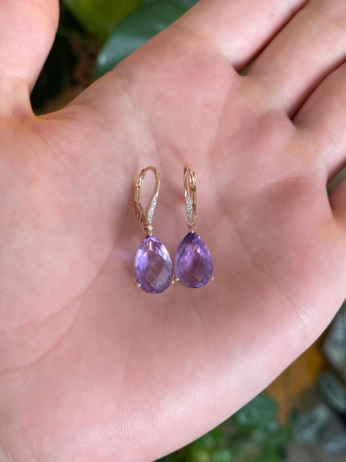 Vintage Solid 14k Rose Gold Diamonds Amethyst Teardrop Dangle Earrings