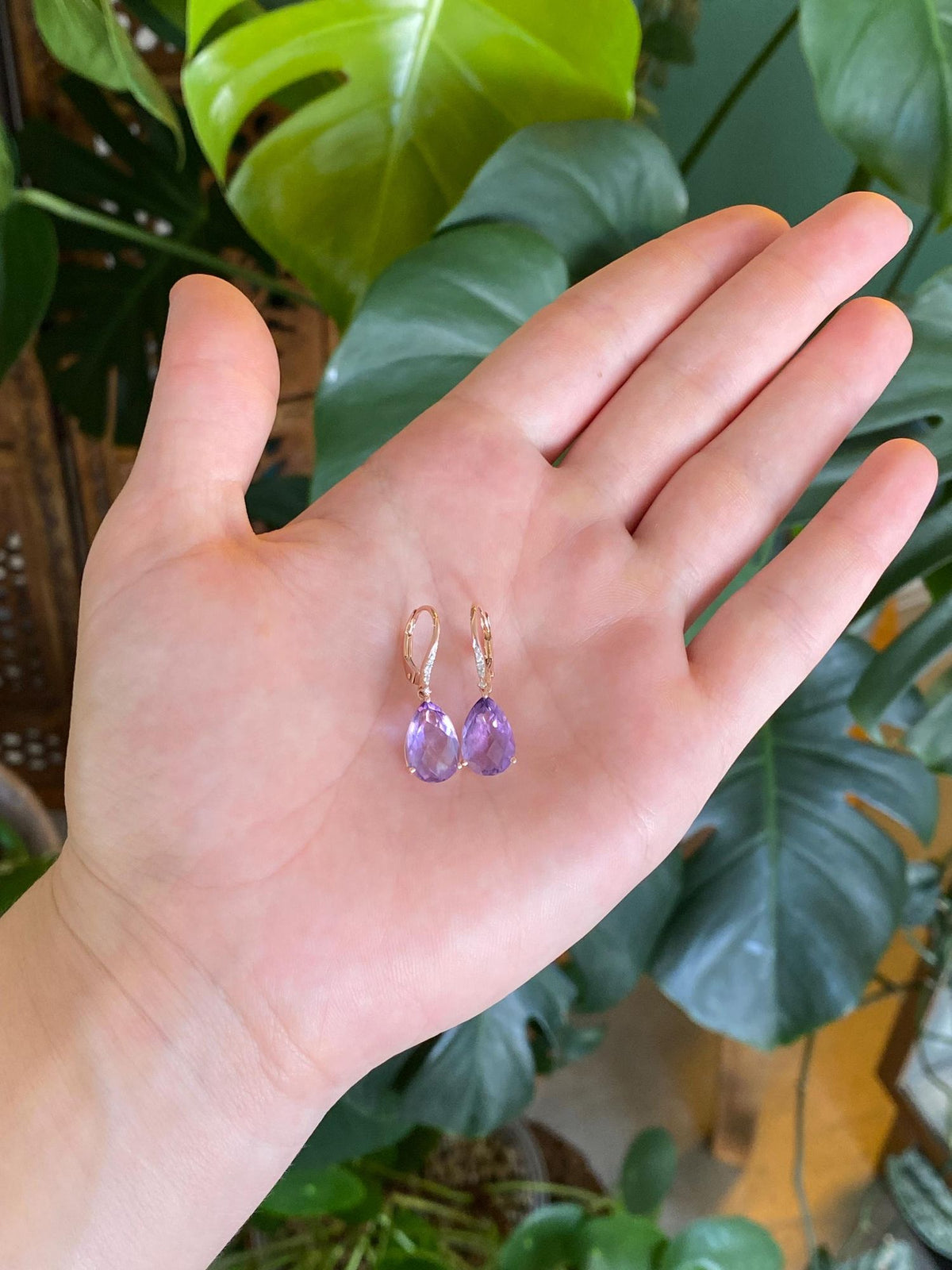 Vintage Solid 14k Rose Gold Diamonds Amethyst Teardrop Dangle Earrings