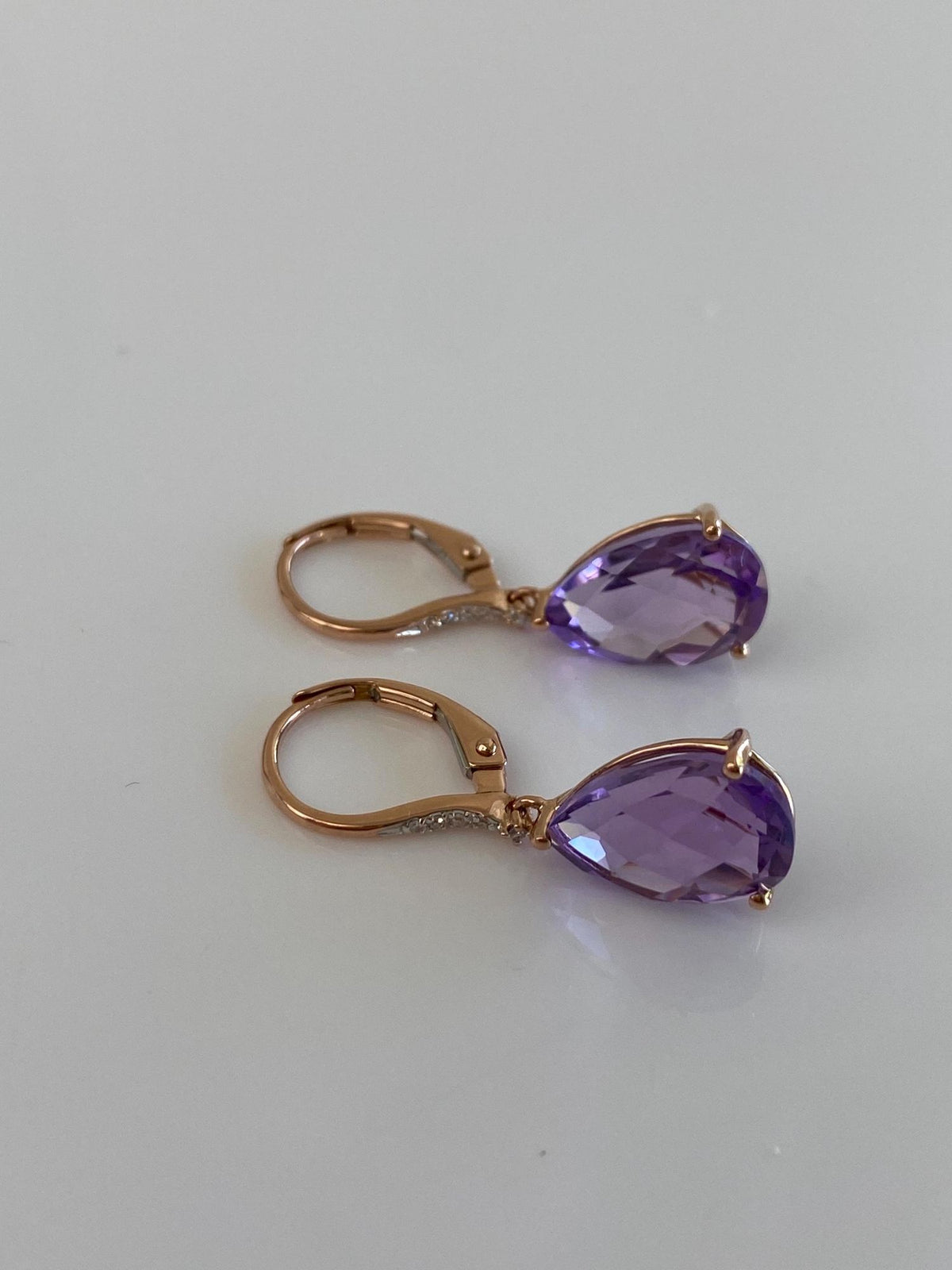 Vintage Solid 14k Rose Gold Diamonds Amethyst Teardrop Dangle Earrings