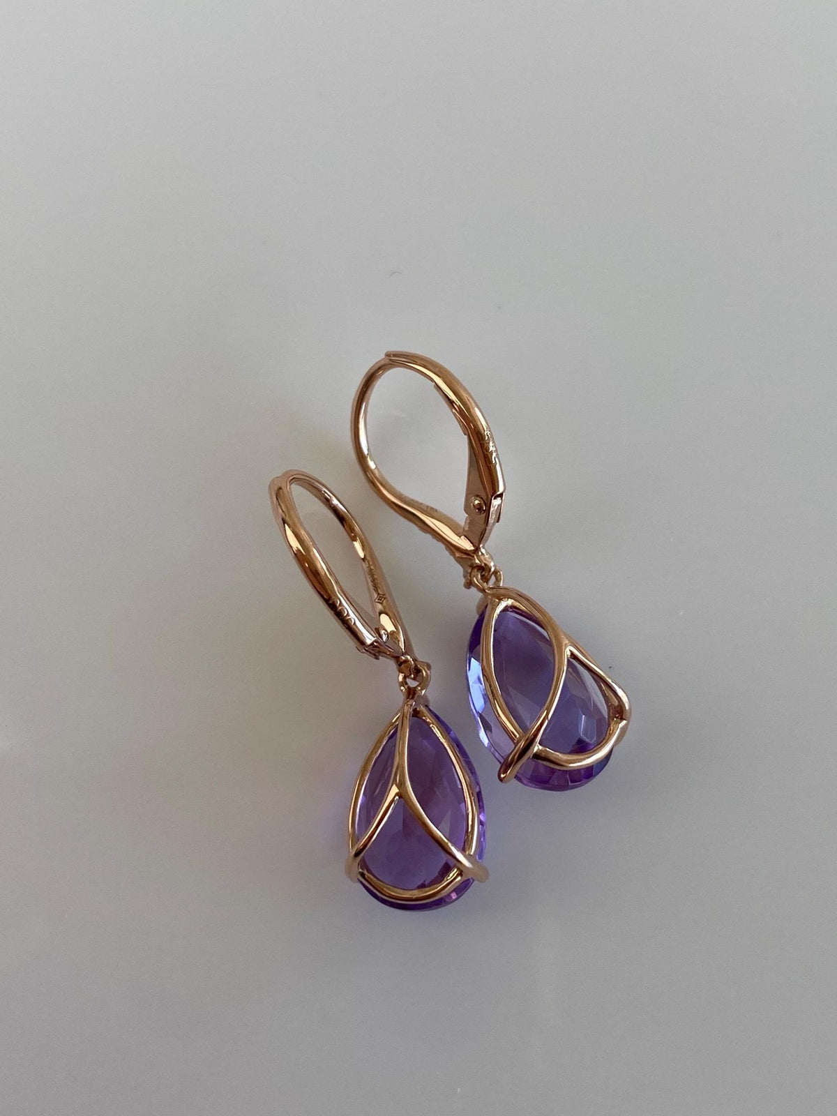 Vintage Solid 14k Rose Gold Diamonds Amethyst Teardrop Dangle Earrings