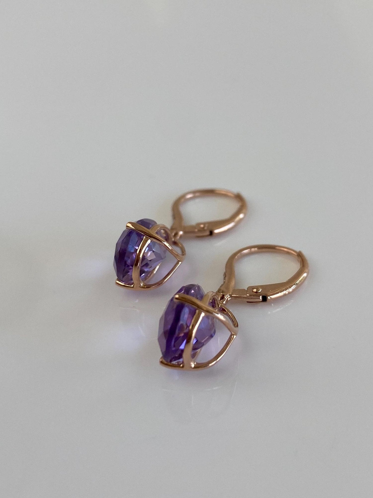 Vintage Solid 14k Rose Gold Diamonds Amethyst Teardrop Dangle Earrings