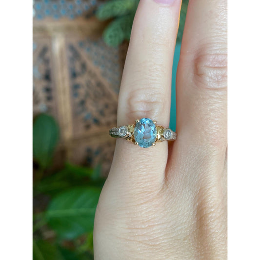 Vintage Solid 14k White & Yellow Gold Diamond Aquamarine Ring - Size 4.25