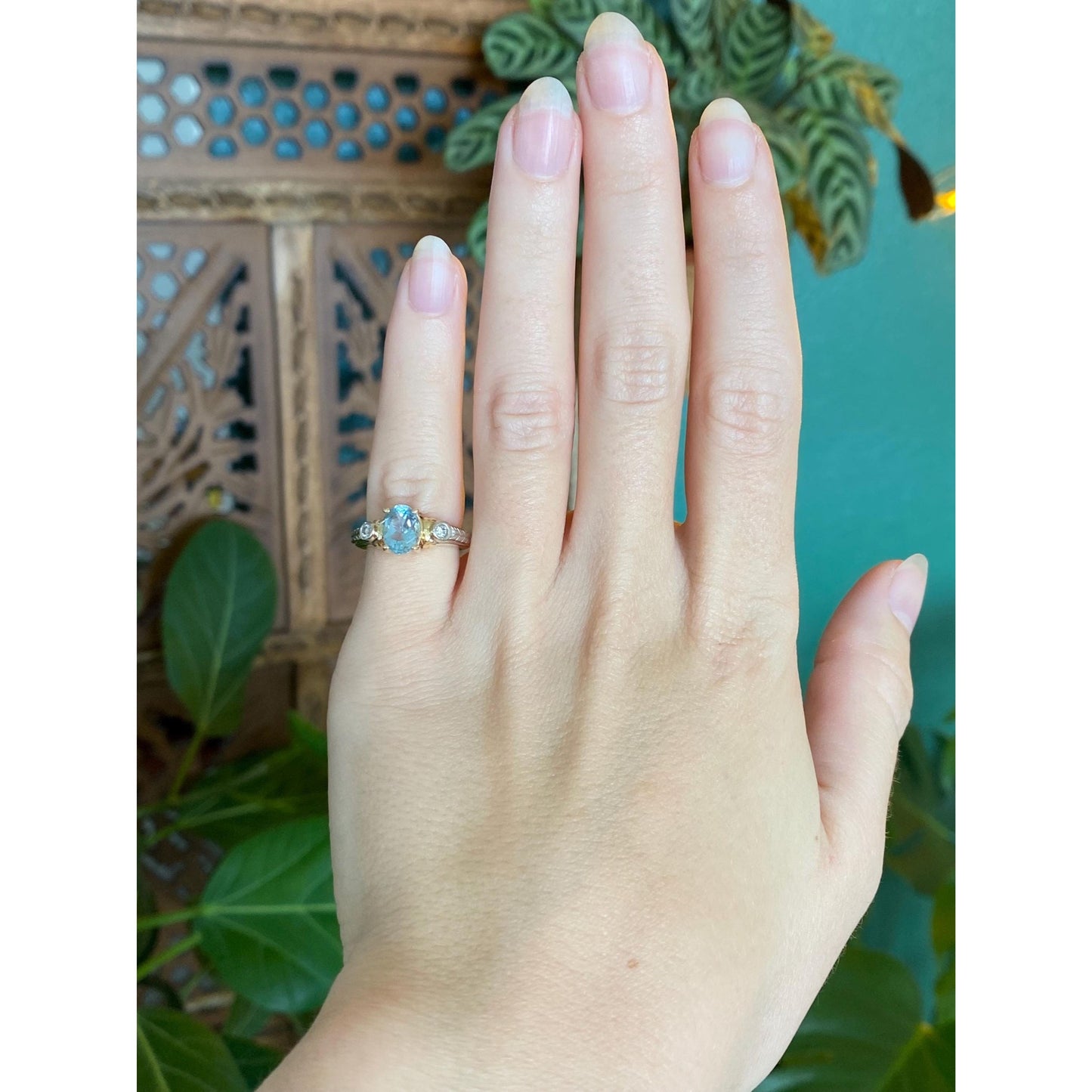 Vintage Solid 14k White & Yellow Gold Diamond Aquamarine Ring - Size 4.25