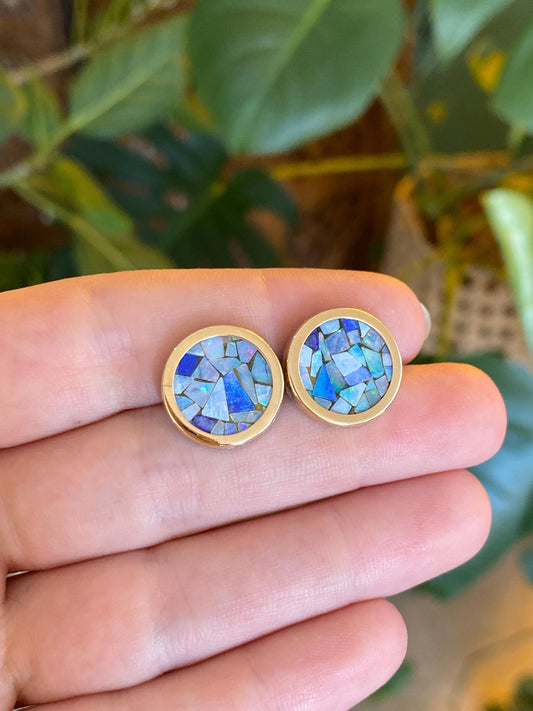 Vintage Solid 14k Yellow Gold Opal Mosaic Stud Earrings