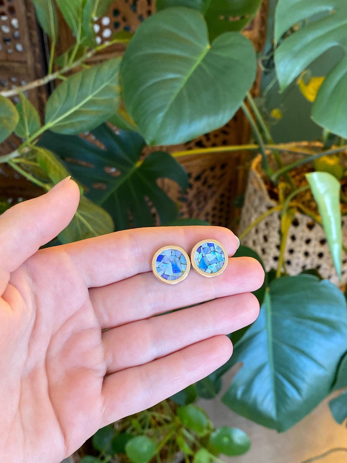 Vintage Solid 14k Yellow Gold Opal Mosaic Stud Earrings