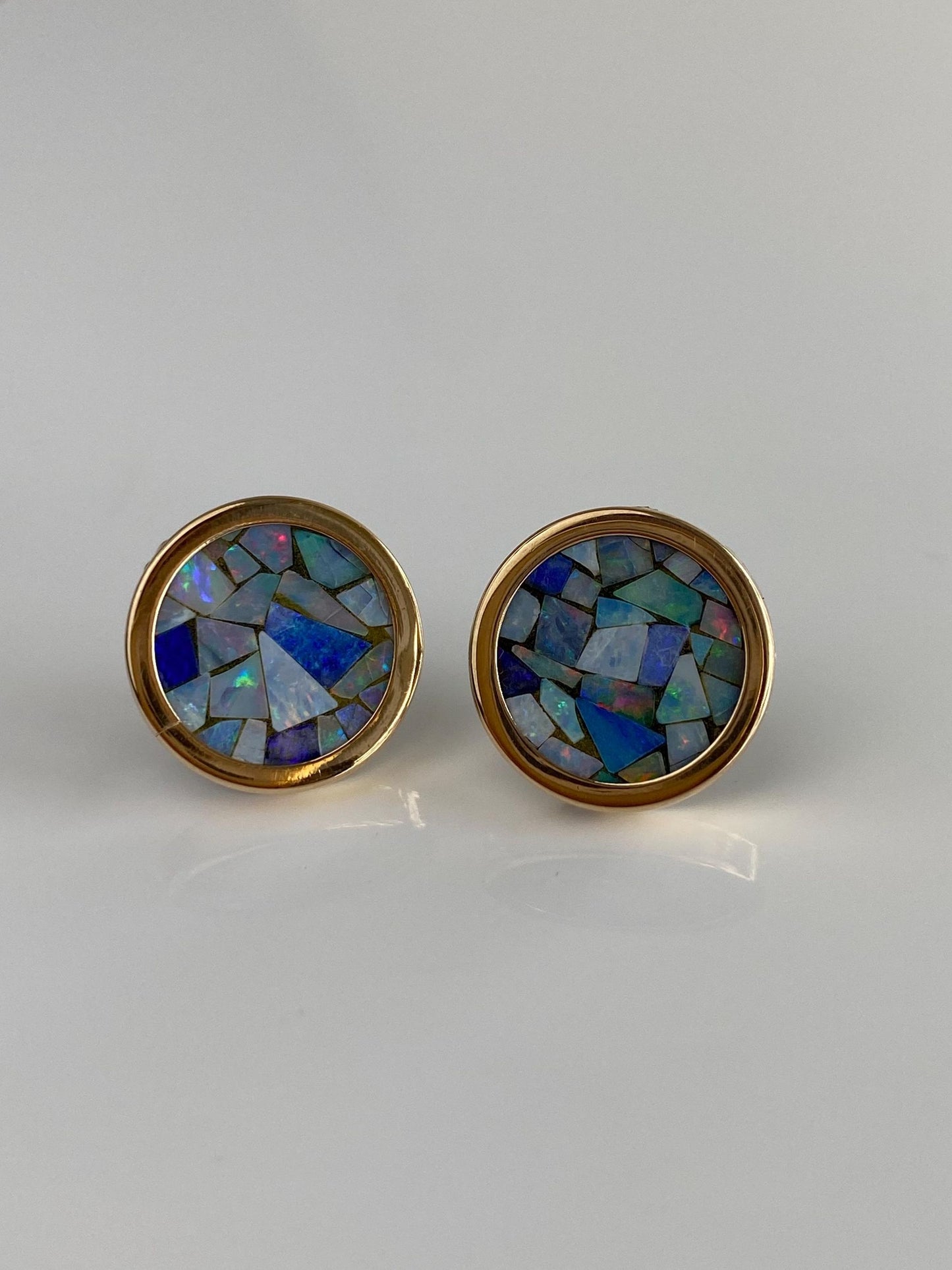 Vintage Solid 14k Yellow Gold Opal Mosaic Stud Earrings