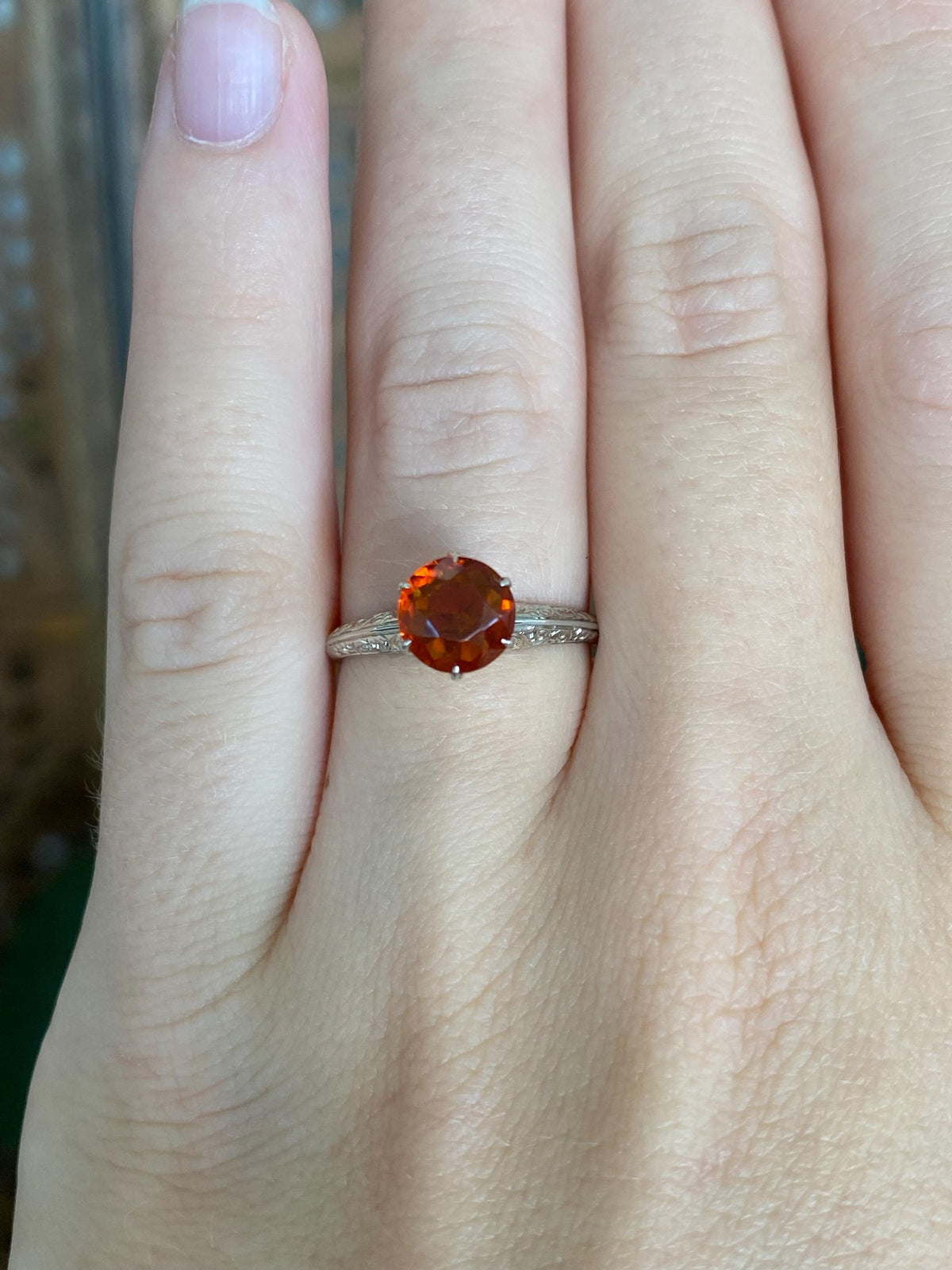 Vintage Solid 14k White Gold Dark Citrine Designed Ring - Size 6