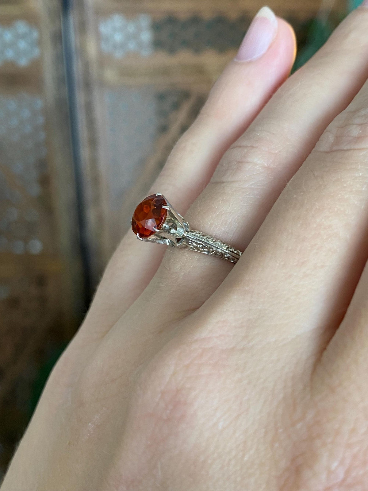 Vintage Solid 14k White Gold Dark Citrine Designed Ring - Size 6