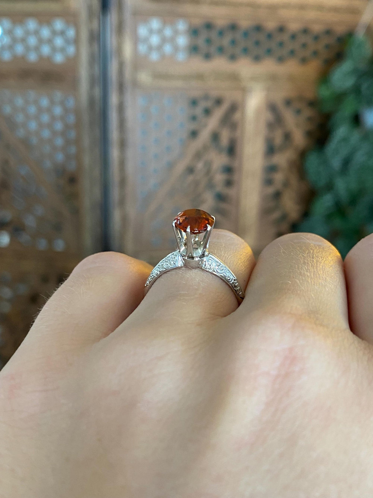 Vintage Solid 14k White Gold Dark Citrine Designed Ring - Size 6