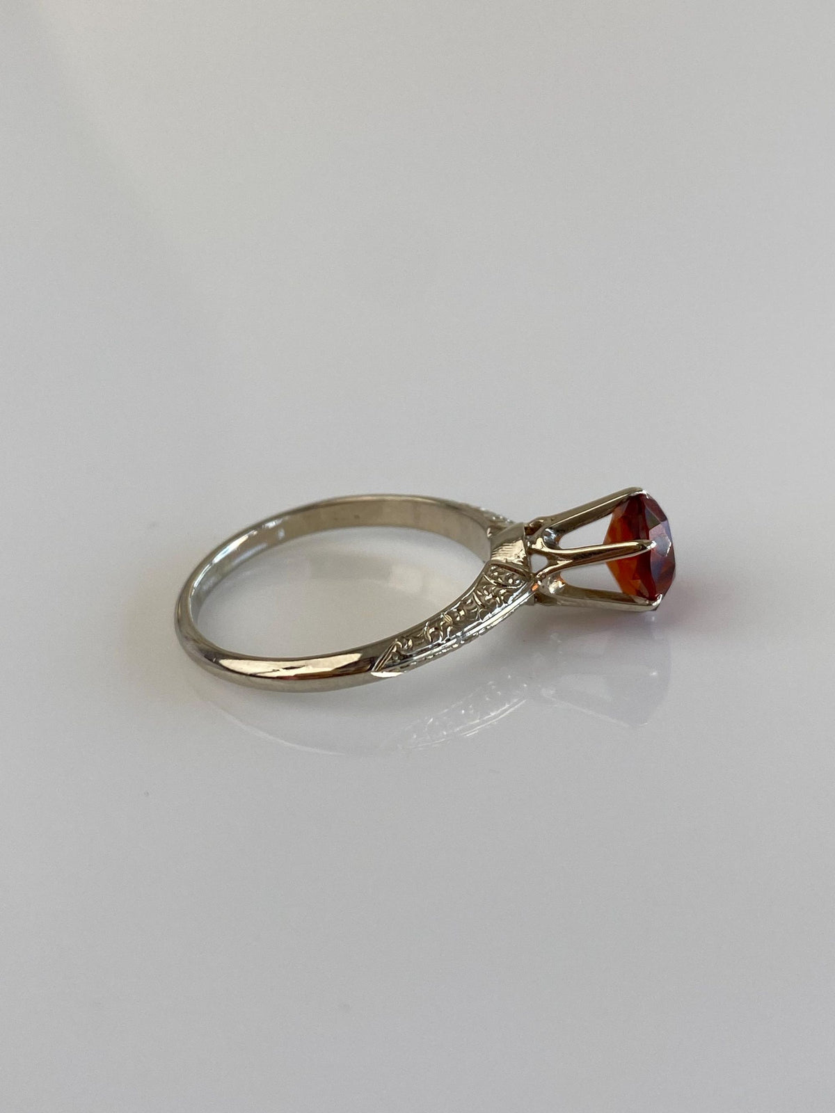 Vintage Solid 14k White Gold Dark Citrine Designed Ring - Size 6