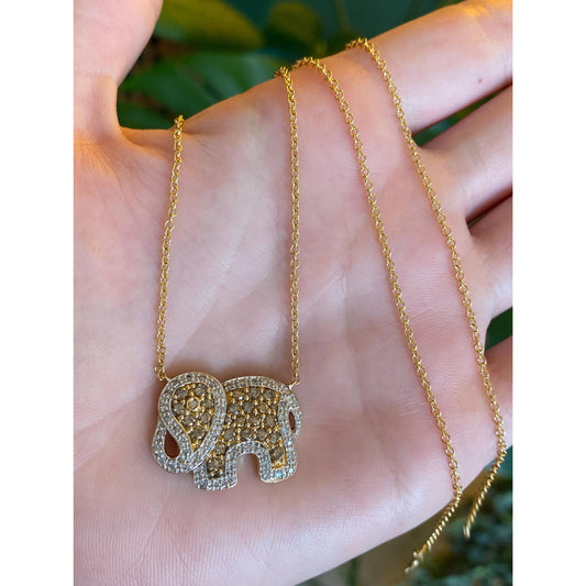 Solid 14k White & Yellow Gold Brown and Clear Diamond Elephant Rolo Necklace - 18.75 inches