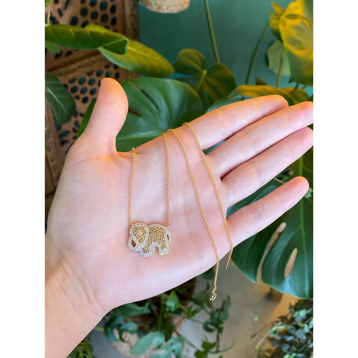 Solid 14k White & Yellow Gold Brown and Clear Diamond Elephant Rolo Necklace - 18.75 inches