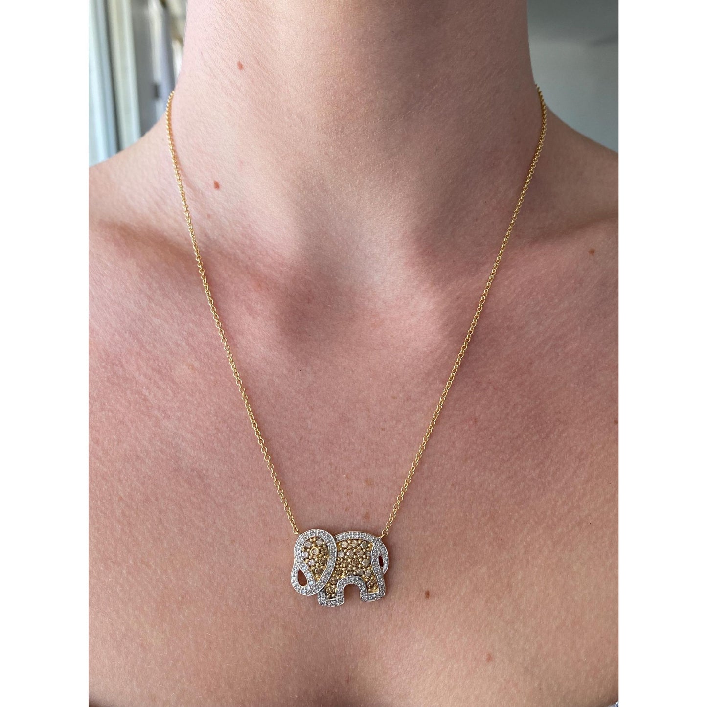 Solid 14k White & Yellow Gold Brown and Clear Diamond Elephant Rolo Necklace - 18.75 inches