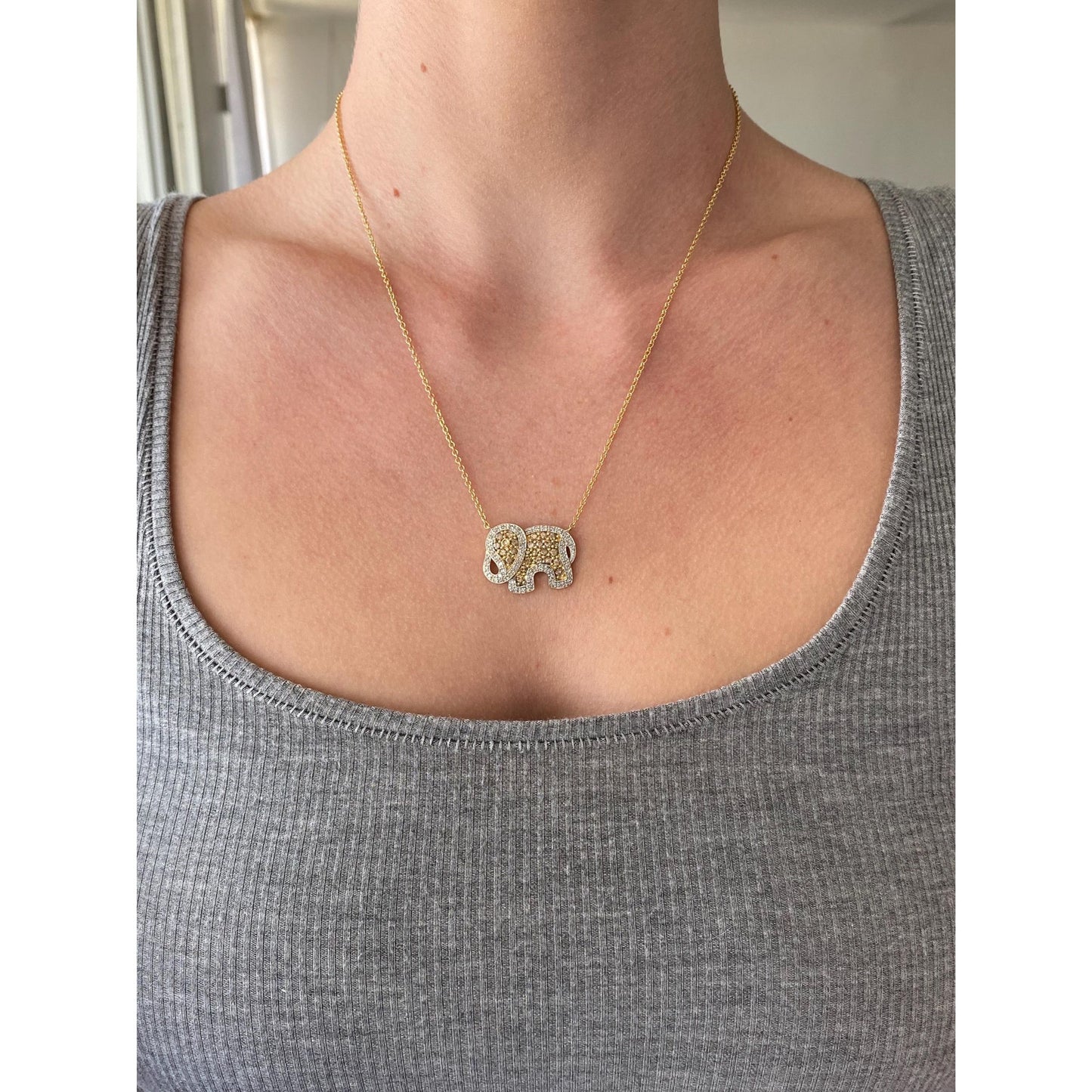 Solid 14k White & Yellow Gold Brown and Clear Diamond Elephant Rolo Necklace - 18.75 inches