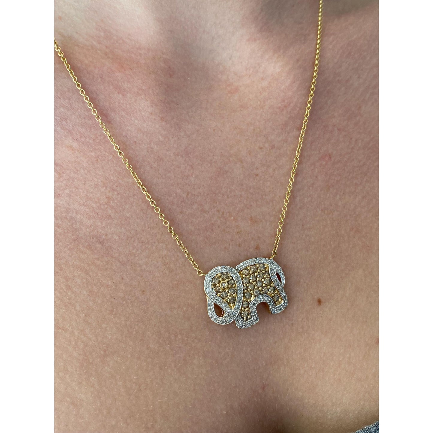 Solid 14k White & Yellow Gold Brown and Clear Diamond Elephant Rolo Necklace - 18.75 inches