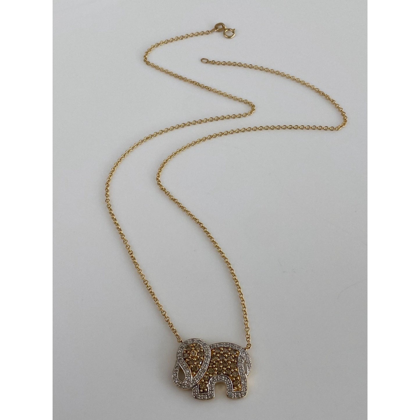 Solid 14k White & Yellow Gold Brown and Clear Diamond Elephant Rolo Necklace - 18.75 inches