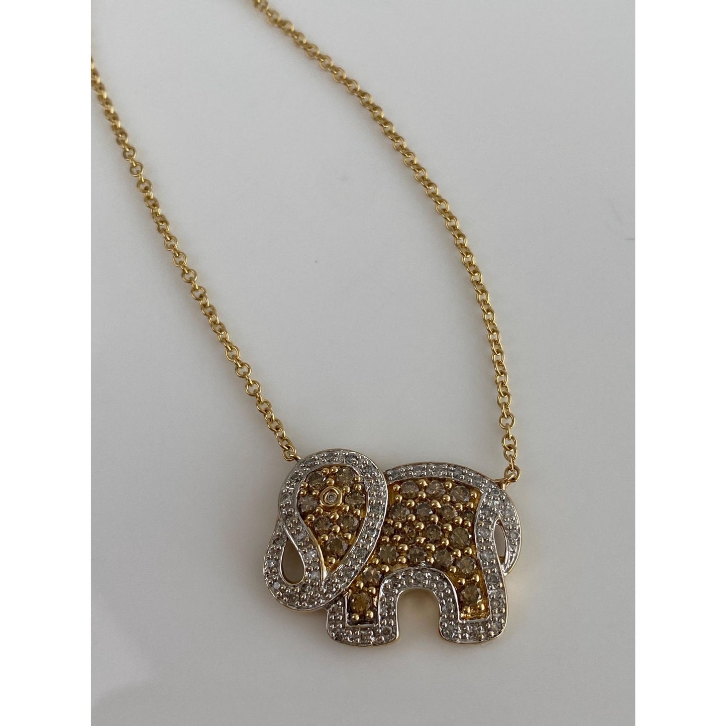 Solid 14k White & Yellow Gold Brown and Clear Diamond Elephant Rolo Necklace - 18.75 inches