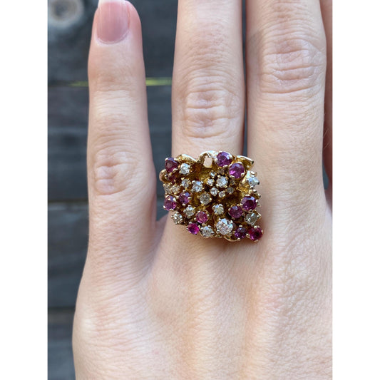 Vintage Solid 10k Yellow Gold Diamond Pink Sapphire Organic Cocktail Ring - Size 4.5