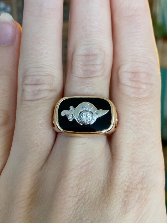 Vintage Solid 14k White & Yellow Gold Enamel Diamond Black Onyx Freemason Signet Ring - Size 10.25