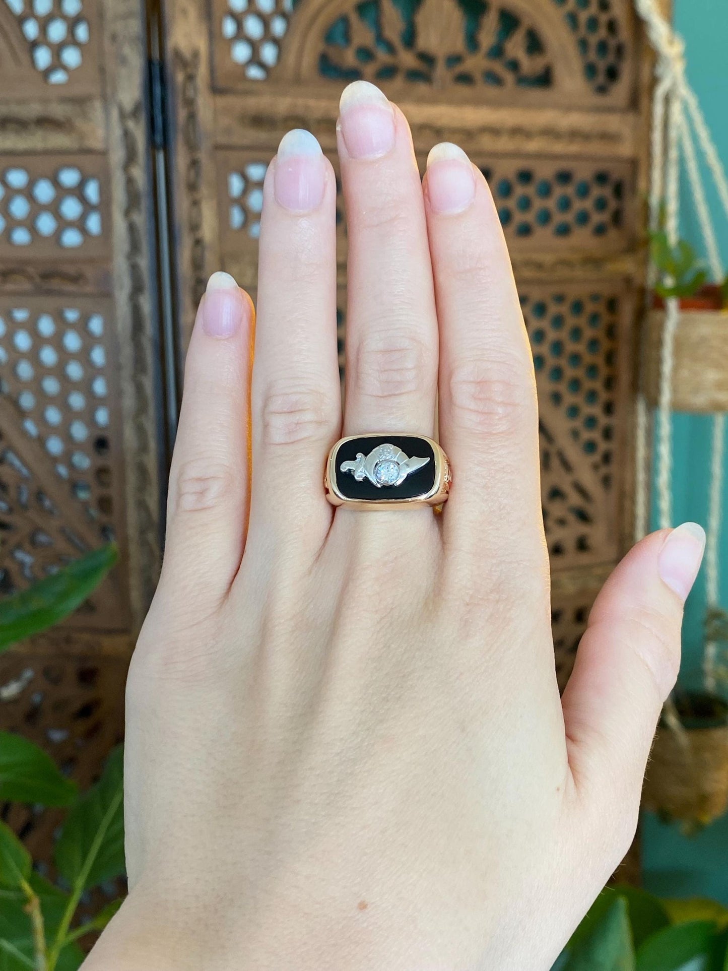 Vintage Solid 14k White & Yellow Gold Enamel Diamond Black Onyx Freemason Signet Ring - Size 10.25