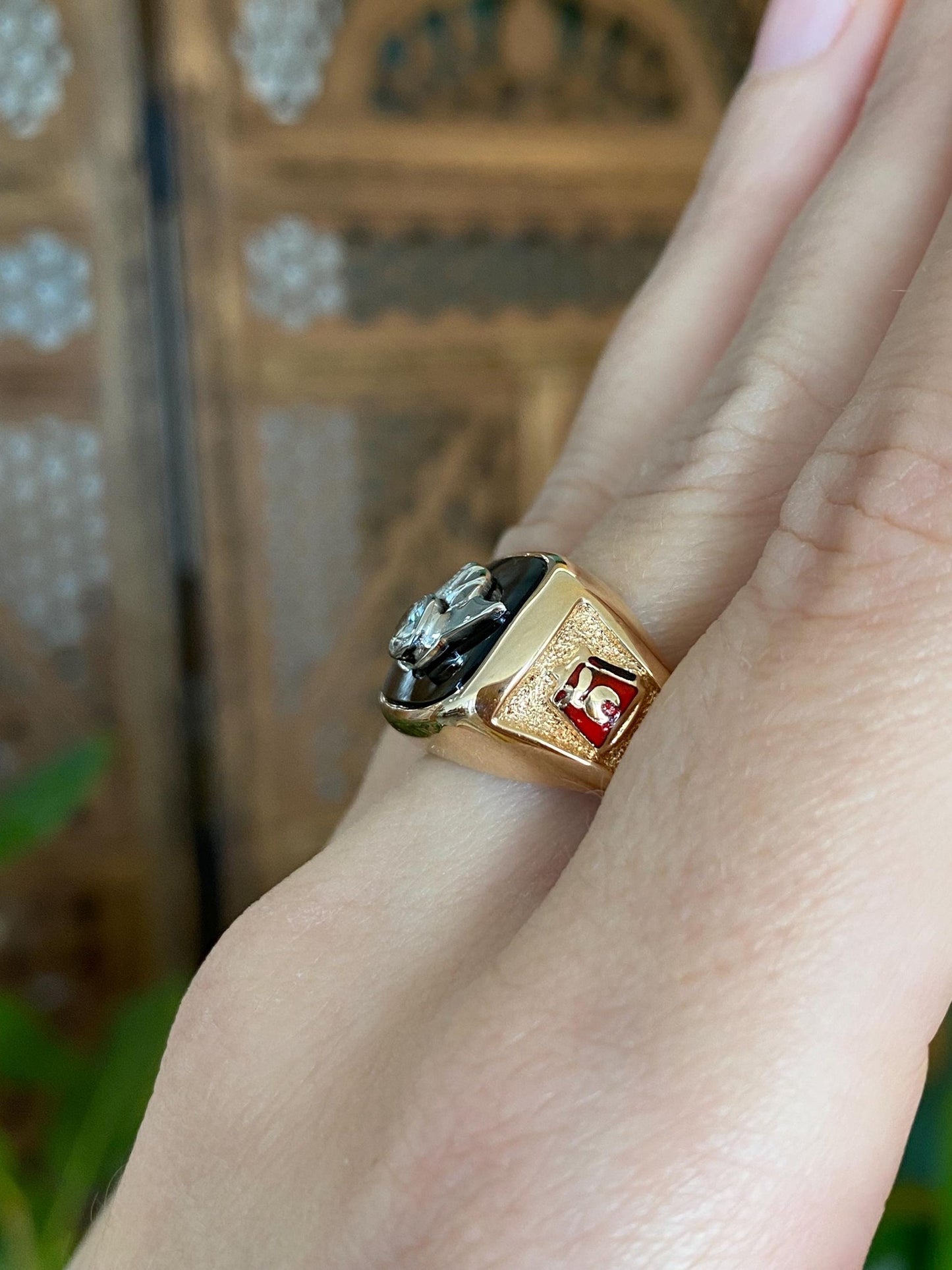 Vintage Solid 14k White & Yellow Gold Enamel Diamond Black Onyx Freemason Signet Ring - Size 10.25