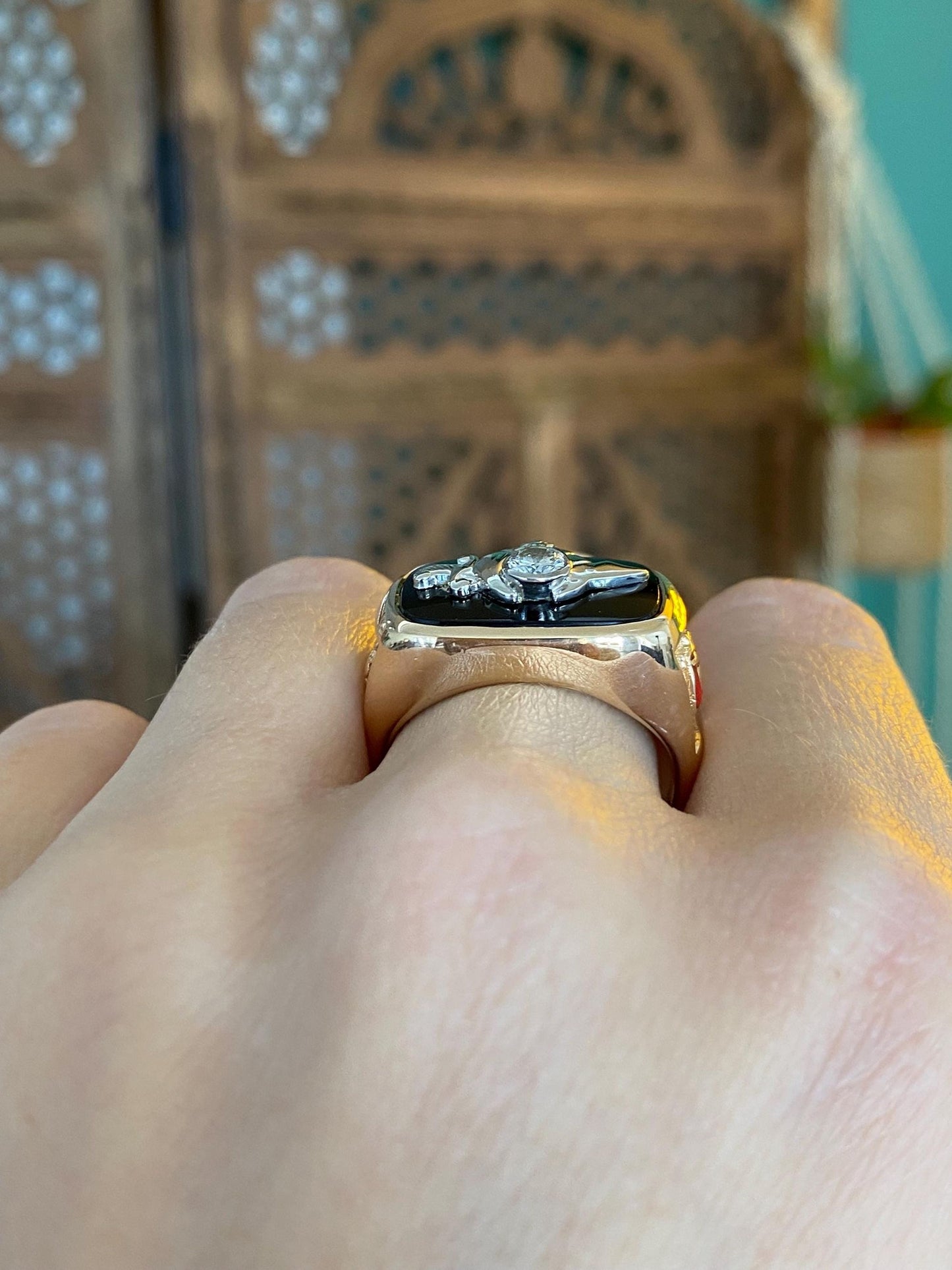 Vintage Solid 14k White & Yellow Gold Enamel Diamond Black Onyx Freemason Signet Ring - Size 10.25