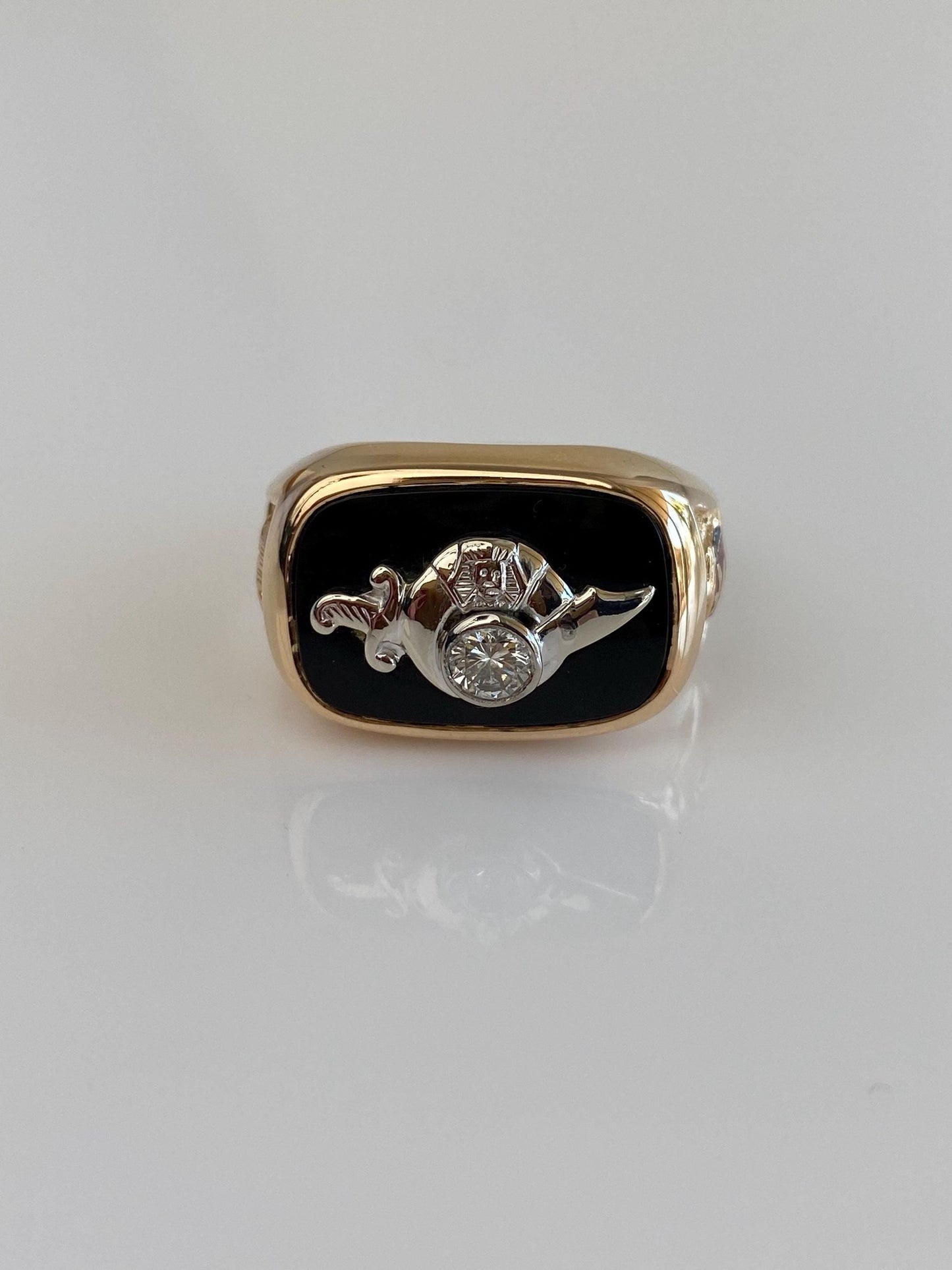 Vintage Solid 14k White & Yellow Gold Enamel Diamond Black Onyx Freemason Signet Ring - Size 10.25