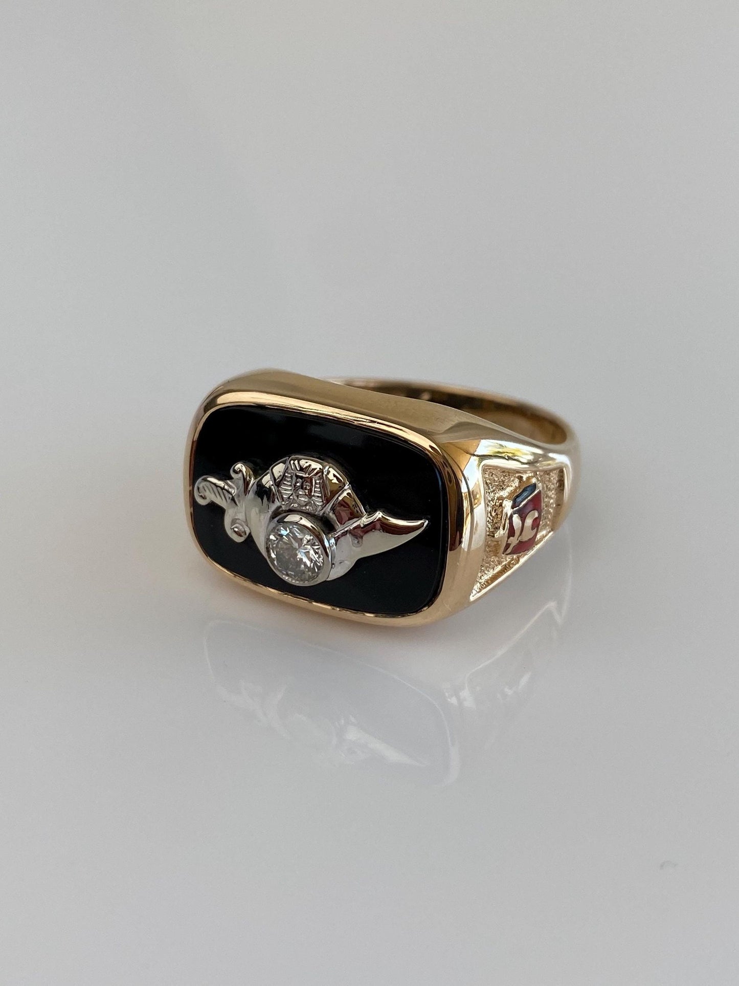 Vintage Solid 14k White & Yellow Gold Enamel Diamond Black Onyx Freemason Signet Ring - Size 10.25