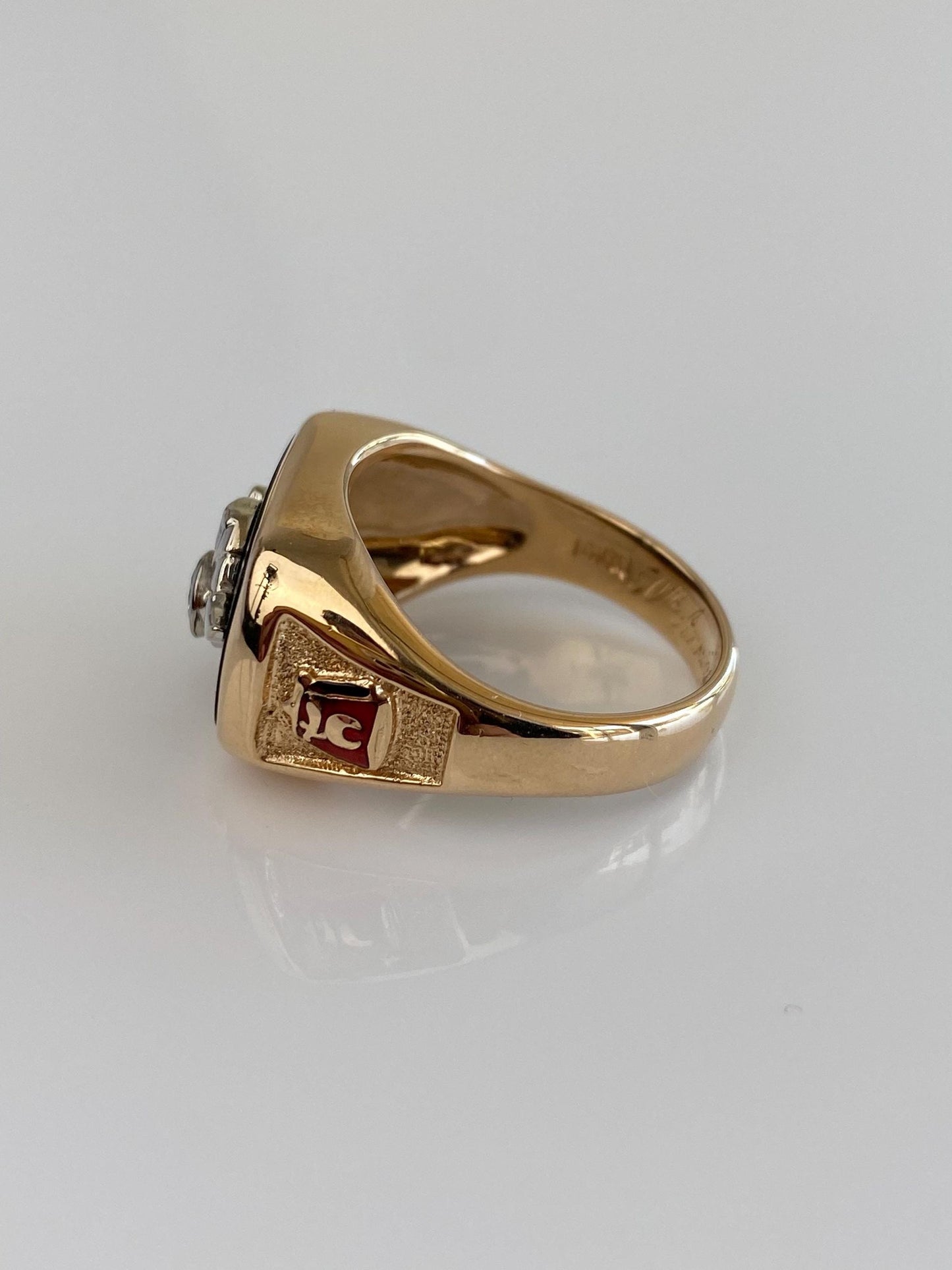 Vintage Solid 14k White & Yellow Gold Enamel Diamond Black Onyx Freemason Signet Ring - Size 10.25