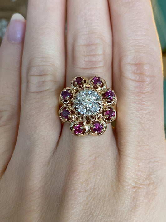 Vintage Solid 14k Yellow Gold Ruby Halo Diamond Cluster Ring - Size 6.25