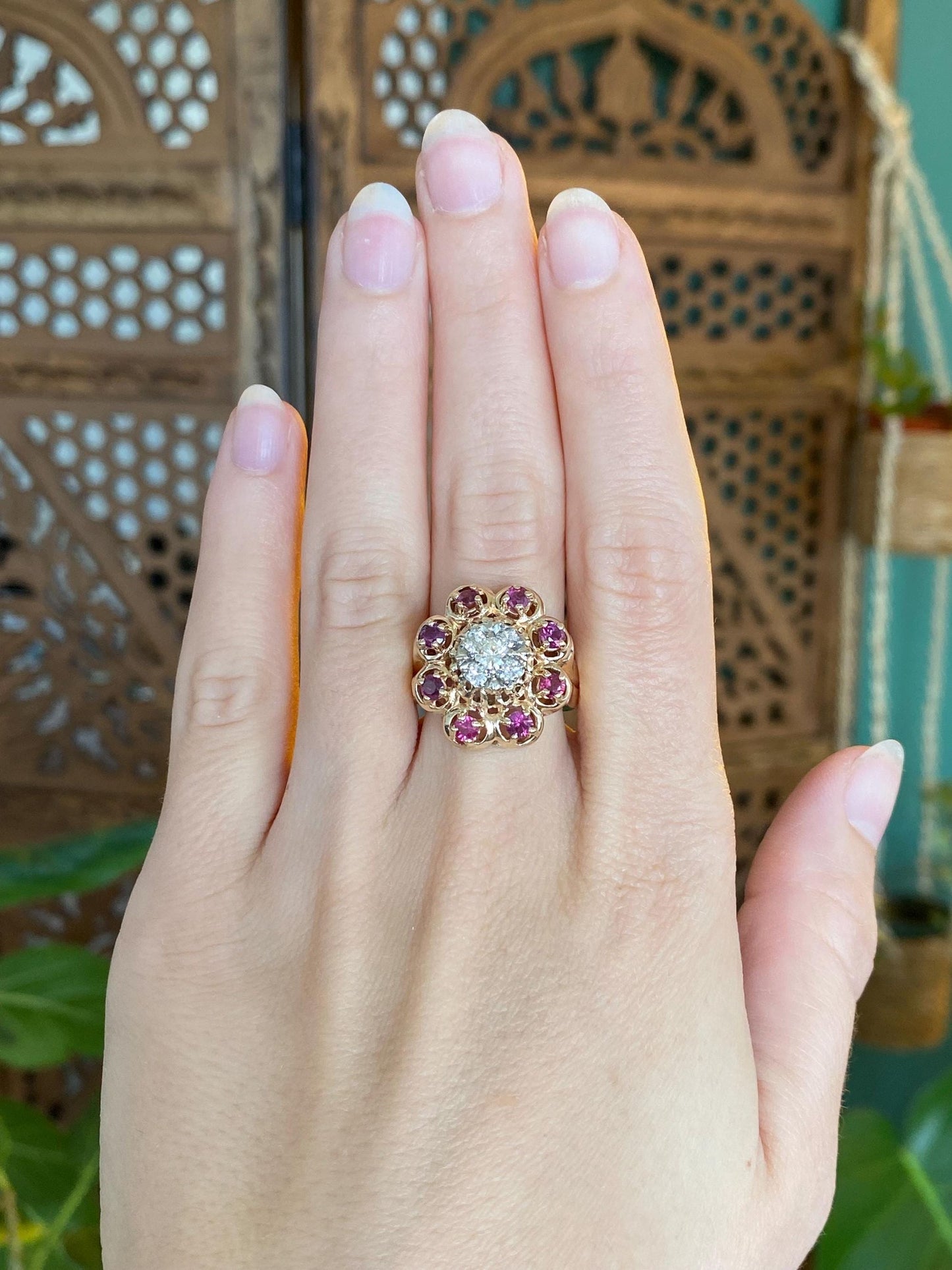 Vintage Solid 14k Yellow Gold Ruby Halo Diamond Cluster Ring - Size 6.25