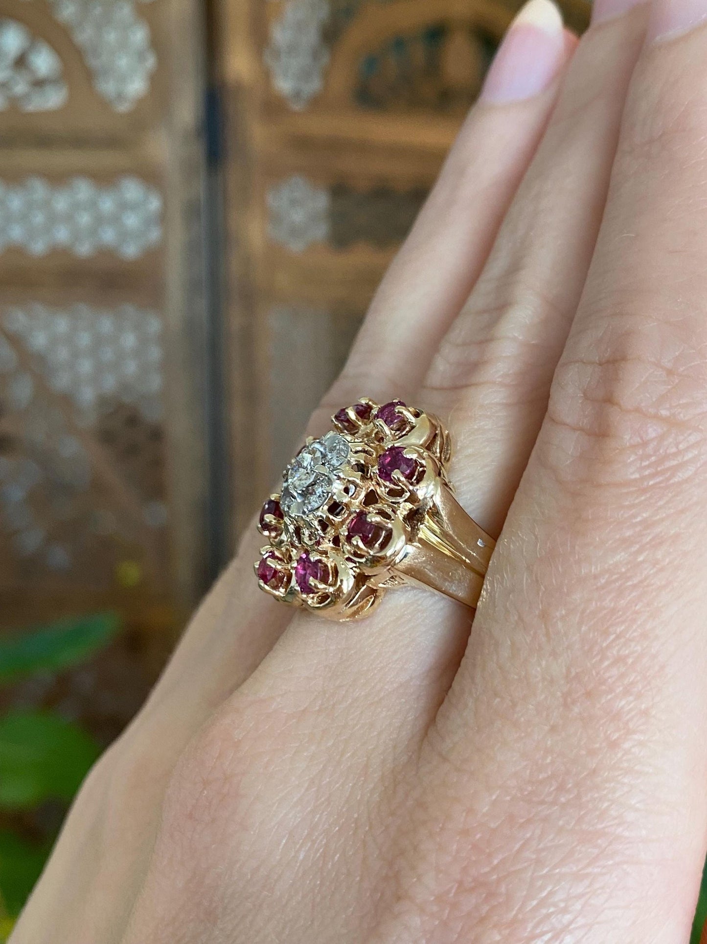 Vintage Solid 14k Yellow Gold Ruby Halo Diamond Cluster Ring - Size 6.25