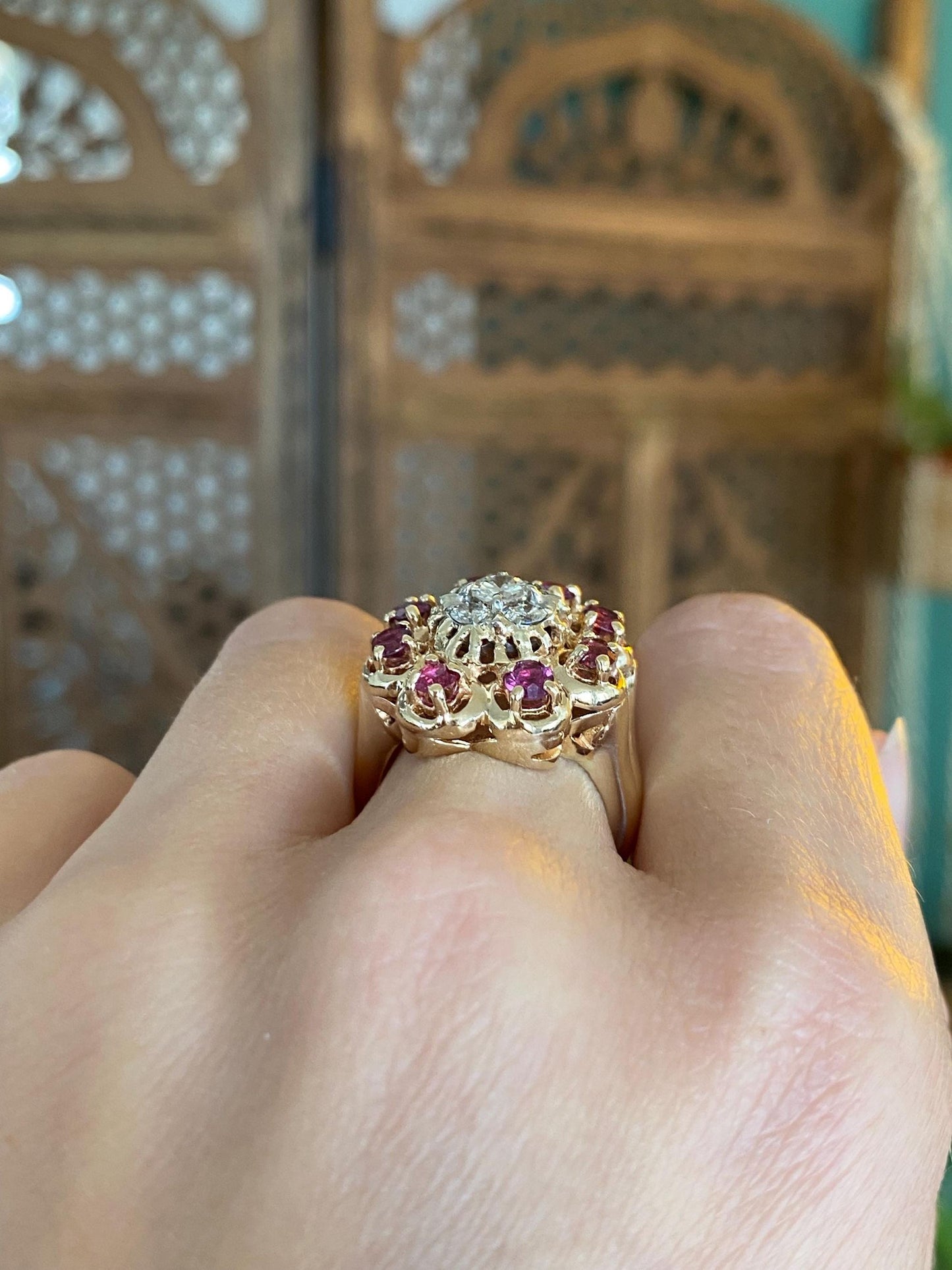 Vintage Solid 14k Yellow Gold Ruby Halo Diamond Cluster Ring - Size 6.25