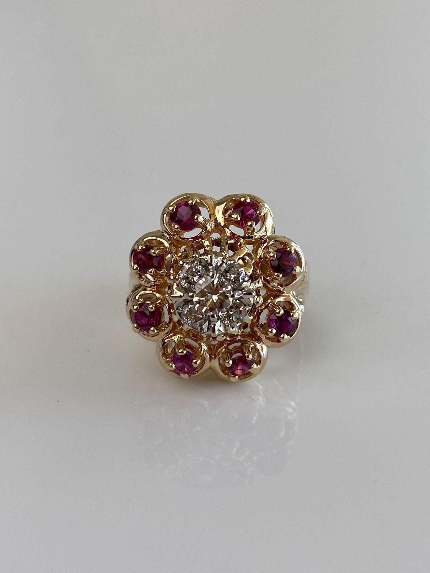 Vintage Solid 14k Yellow Gold Ruby Halo Diamond Cluster Ring - Size 6.25