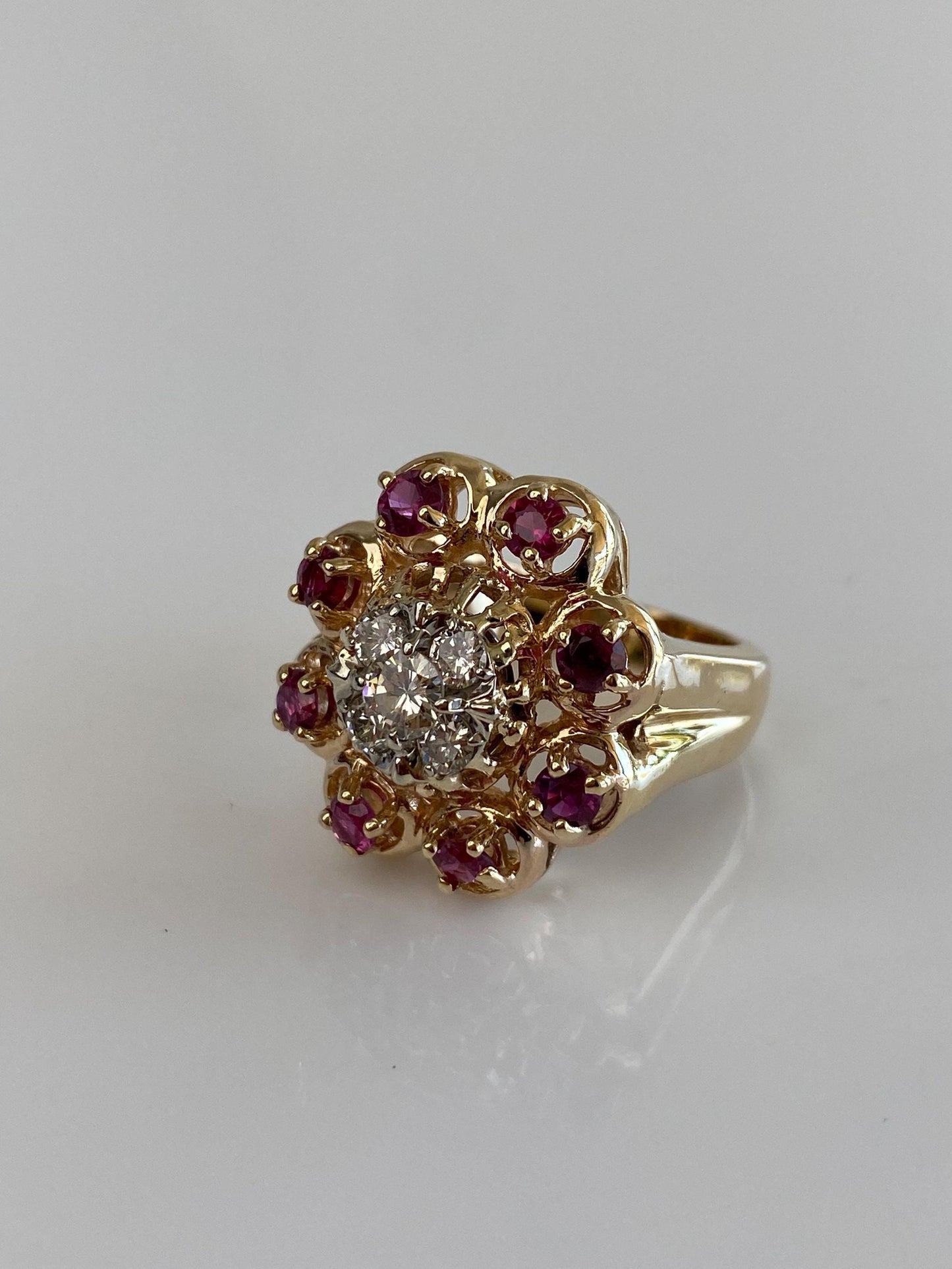 Vintage Solid 14k Yellow Gold Ruby Halo Diamond Cluster Ring - Size 6.25