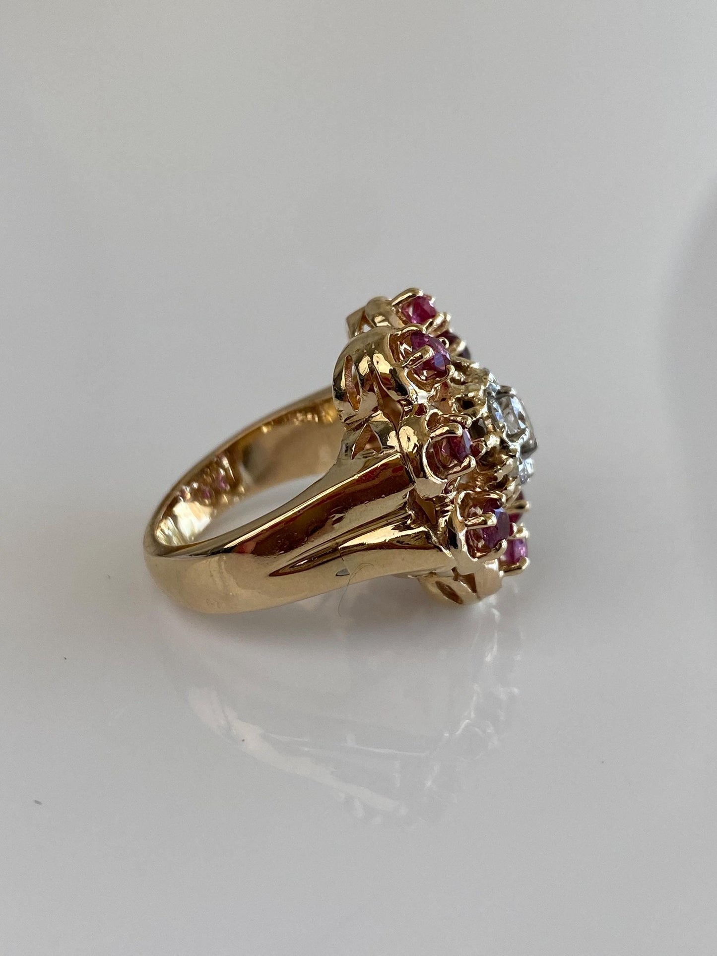 Vintage Solid 14k Yellow Gold Ruby Halo Diamond Cluster Ring - Size 6.25