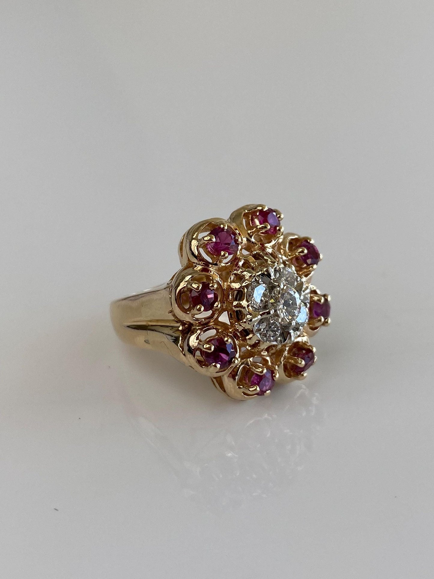 Vintage Solid 14k Yellow Gold Ruby Halo Diamond Cluster Ring - Size 6.25