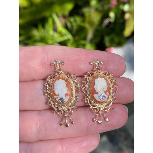 Vintage Solid 14k White & Yellow Gold Diamond Cameo Stud Earrings