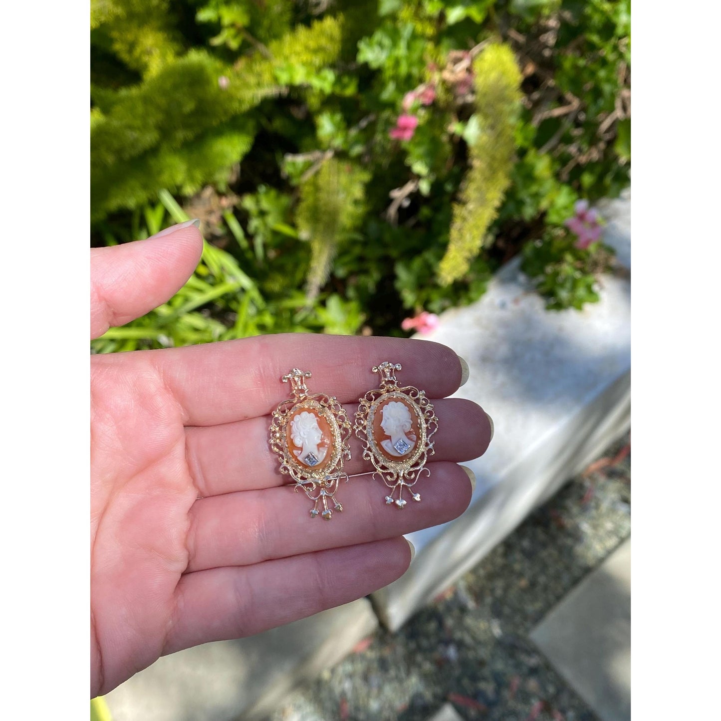 Vintage Solid 14k White & Yellow Gold Diamond Cameo Stud Earrings