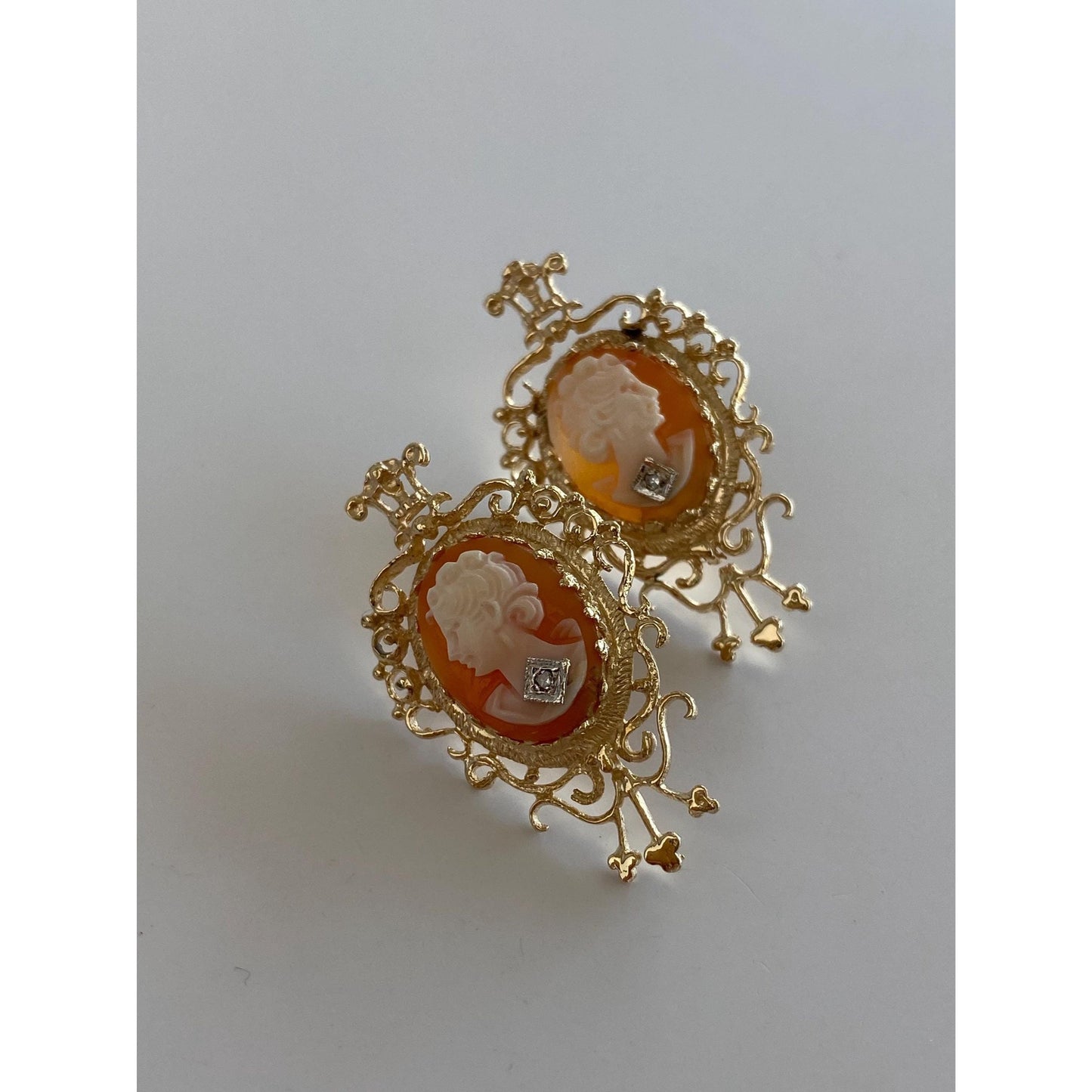 Vintage Solid 14k White & Yellow Gold Diamond Cameo Stud Earrings