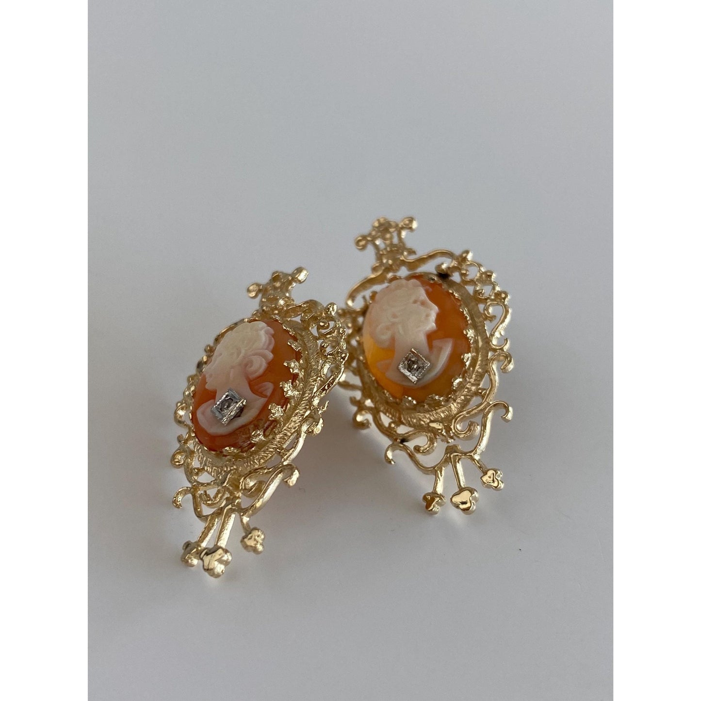 Vintage Solid 14k White & Yellow Gold Diamond Cameo Stud Earrings