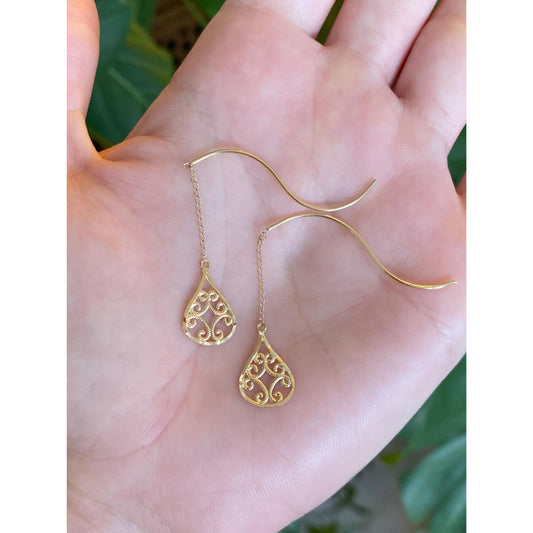Vintage Solid 14k Yellow Gold Diamond Cut Filigree Threader Earrings
