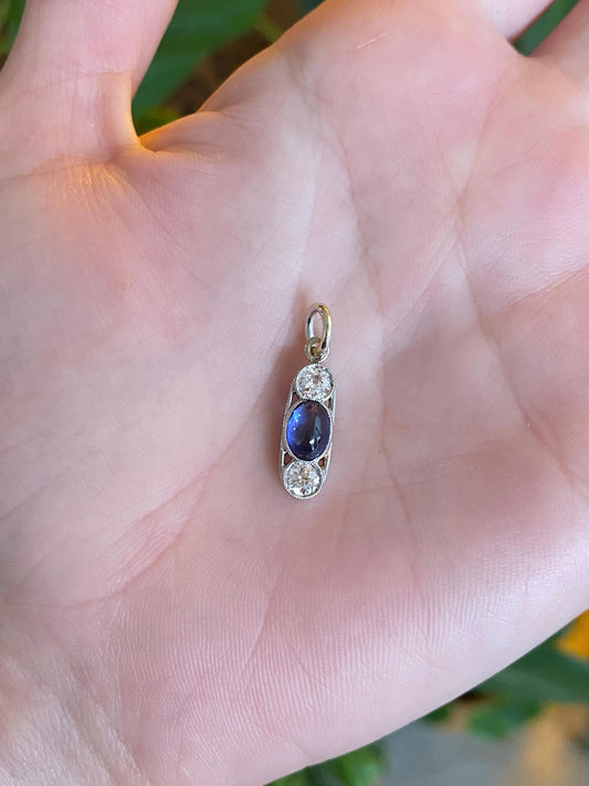 Vintage Solid Platinum & 14k White Gold Diamond Blue Sapphire Cabochon Charm