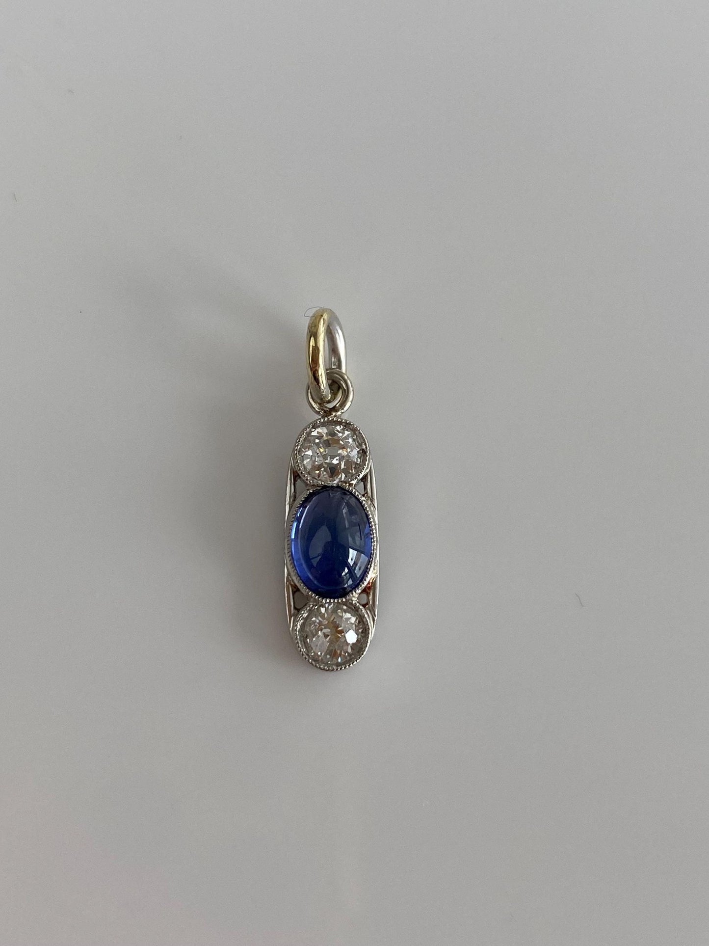 Vintage Solid Platinum & 14k White Gold Diamond Blue Sapphire Cabochon Charm