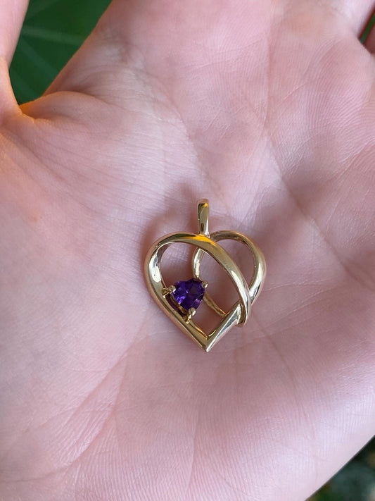 Vintage Solid 10k Yellow Gold Amethyst Heart Charm